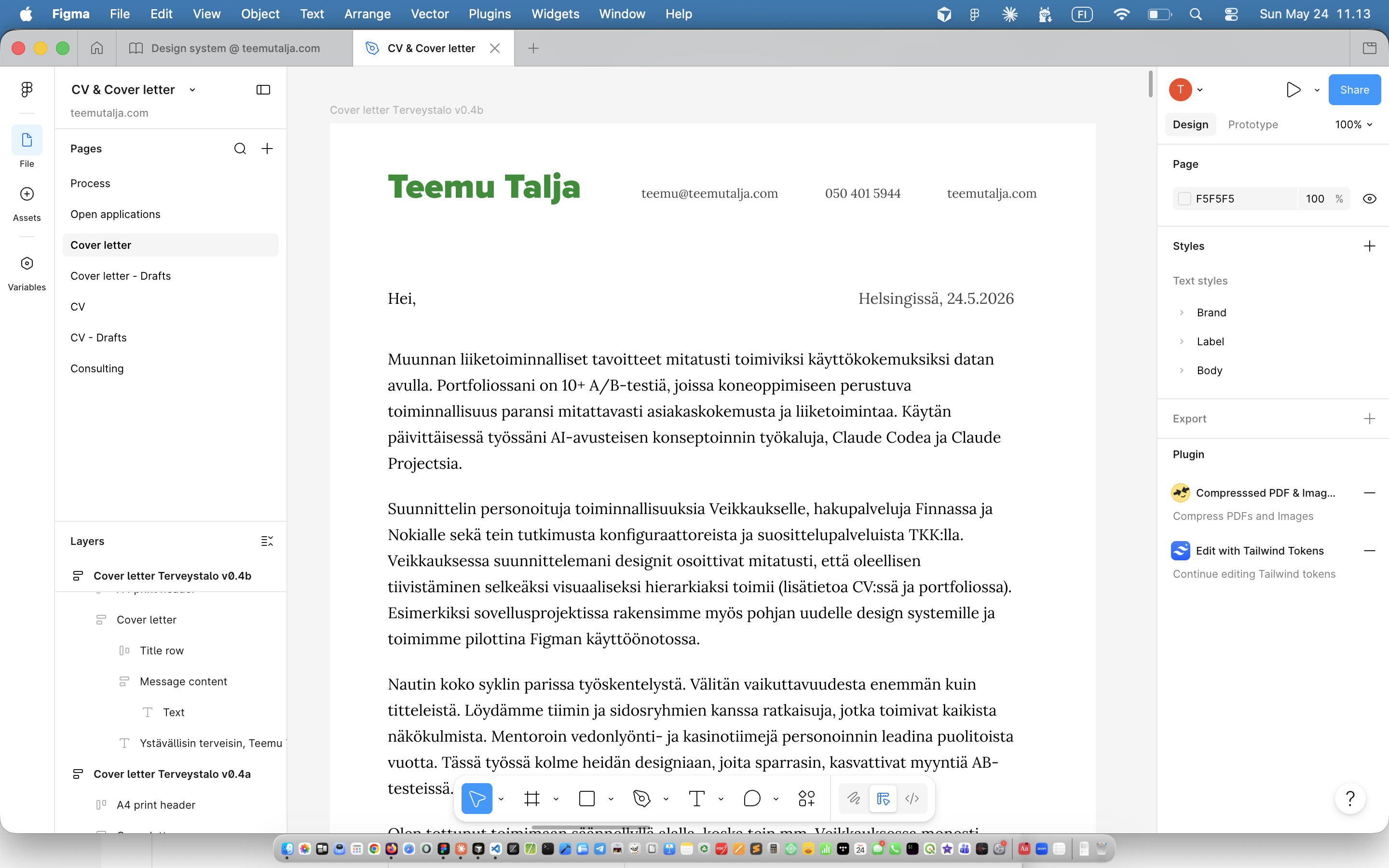 Finished letter in Figma with correct typography and hyperlinks